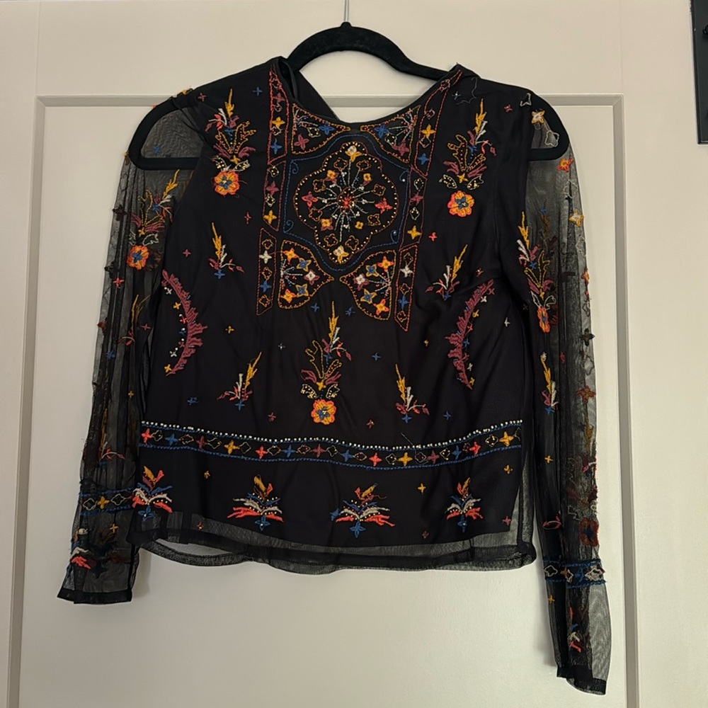 Zara Embroidered Black Top Made in India Sheer Sleeves Size Small
